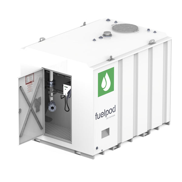 White fuel pod with 'fuelpod' branding on a white background